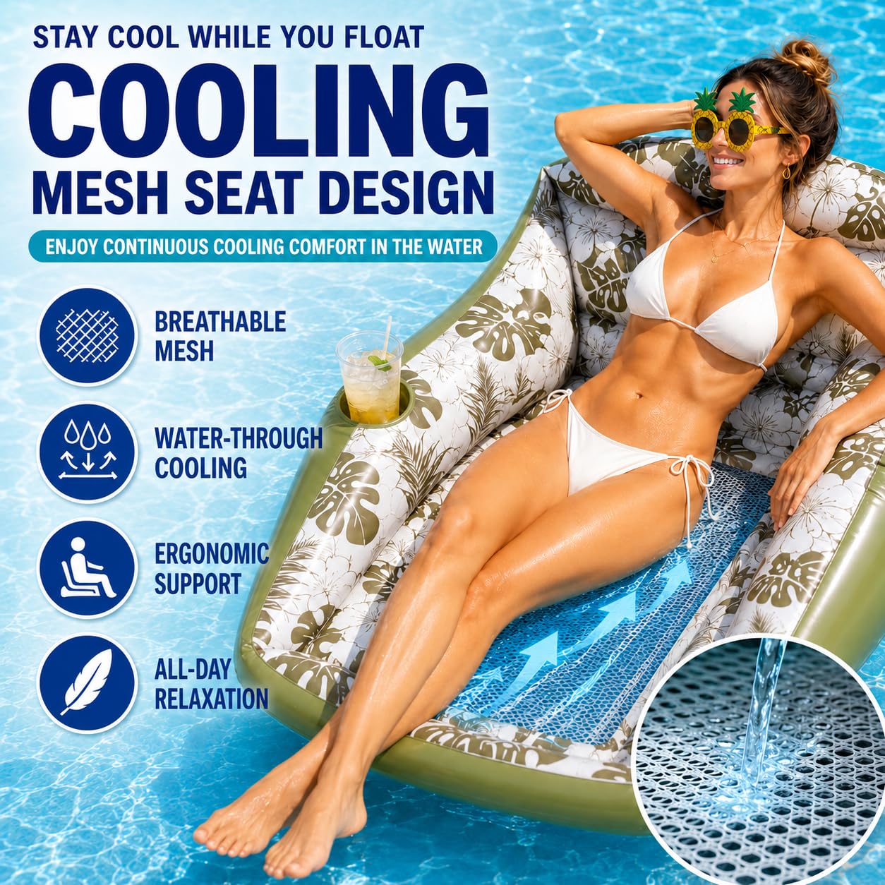 Generisch Inflatable Pool Lounge Chair,Aufblasbarer Pool-Liegestuhl, Can Be Used By Two People 3-In-1 Inflatable Pool Lounge Chair, Floating Chair for Party Summer Water Beach Lake Fun (Grün)