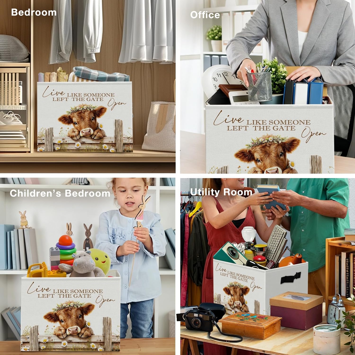 Rustic Highland Cow Foldable Storage Bins Box, Live Like Someone Left the Gate Open Collapsible Organizer Basket for Bedroom Laundry Room Kids Nursery Clothes Toys Books, Highland Cow Gifts