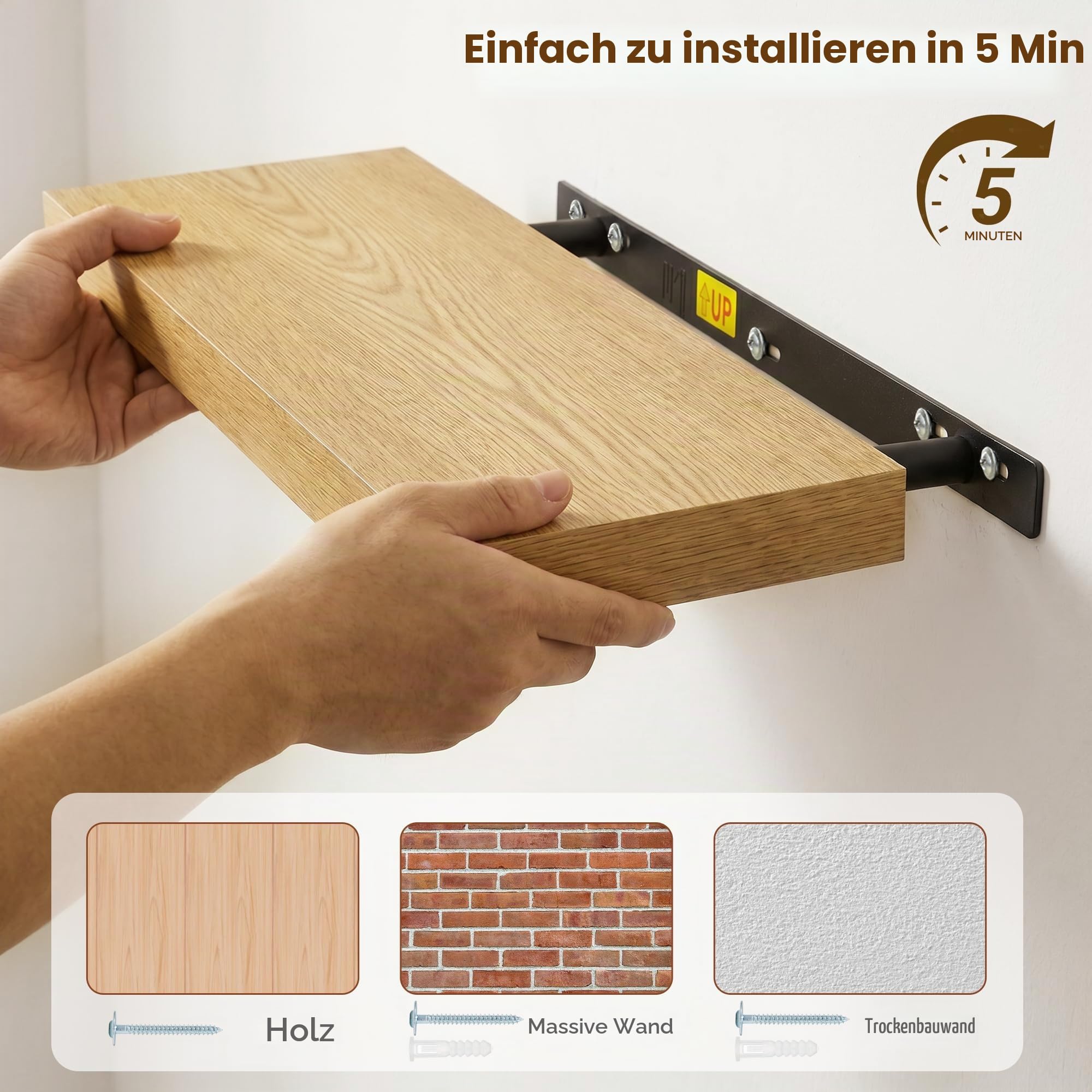Wandregal 40 cm, 2er set Schweberegal, 19,5 cm tief, 13 kg belastbar, Eiche