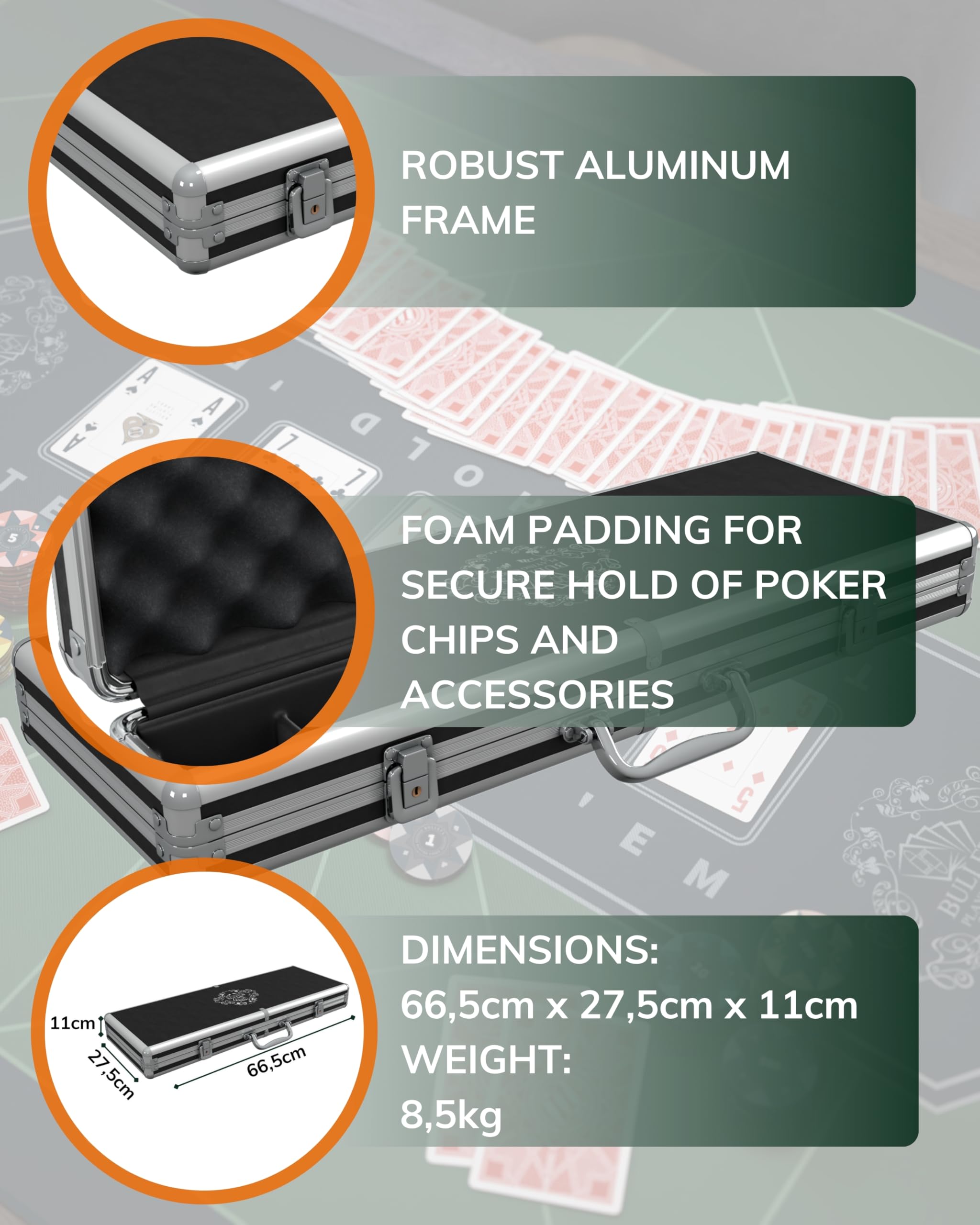 Bullets Playing Cards, Zestaw pokerowy Adriana, walizka pokerowa z 500 żetonami Clay z wartościami, w zestawie ceramiczny przycisk dealera i karty do pokera