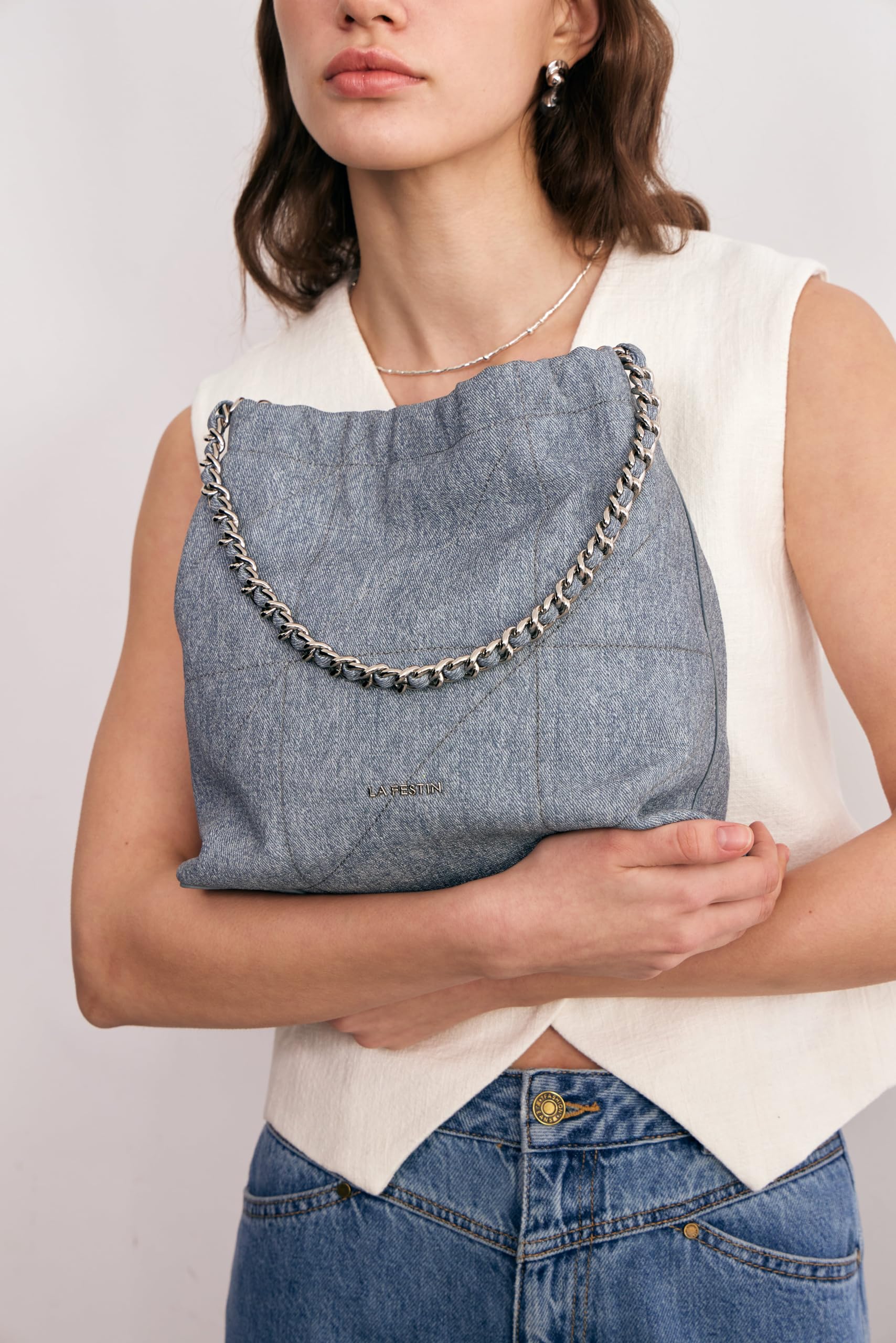 LA FESTIN - Bolso bandolera de piel dividida para mujer con correa ajustable, detalle de cadena, elegante bolso cruzado para mujer