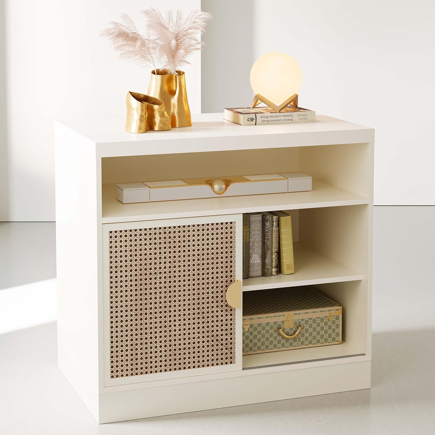 ModernMate Modern Wood Accent Cabinet with Sliding Door, Adjustable Open Shelves & Gold Handle Storage Cabinet for Home Office, 31W*20D*29H, White Rattan