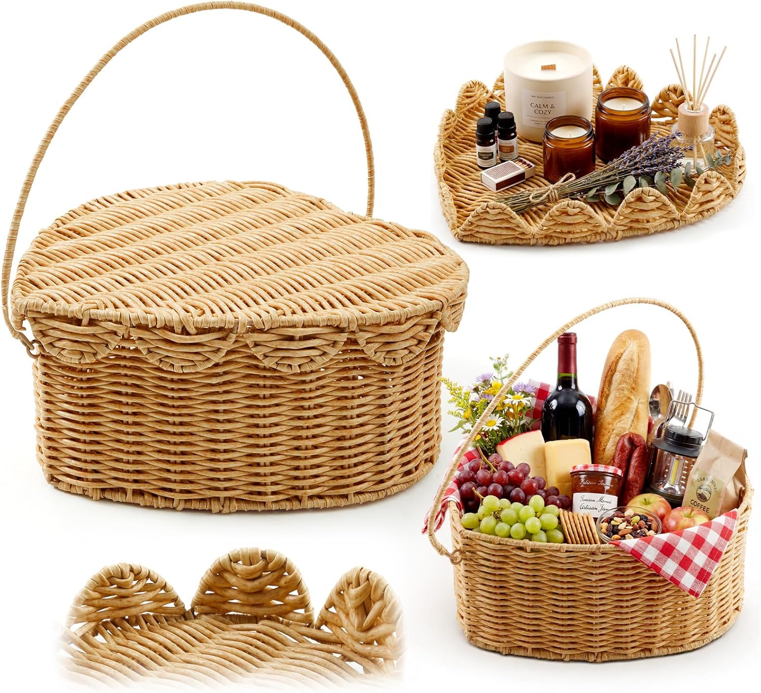 Qinyoung 2-in-1 Heart Wicker Picnic Basket with lid Heart Shaped Scalloped Tray Handwoven Empty Gift Basket with Handle Picnic Hamper for Fruits Wedding Anniversary Camping Outdoor Valentine's Day