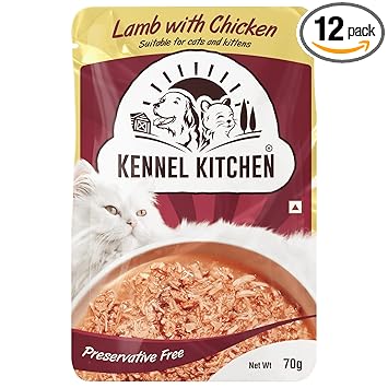 Kennel Kitchen Premium Wet Food for Adult Cats and Kittens Lamb with Chicken Shreds in Gravy 70g (Pack of 12)
