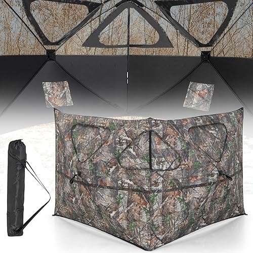 GYMAX Hunting Blind, 2-Panel See Through Pop Up 2-3 Persons Camouflage Deer Blind with Windows & Carrying Bag, Portable Folding Outdoor Ground Blind for Deer Turkey Hunting Gear Accessories