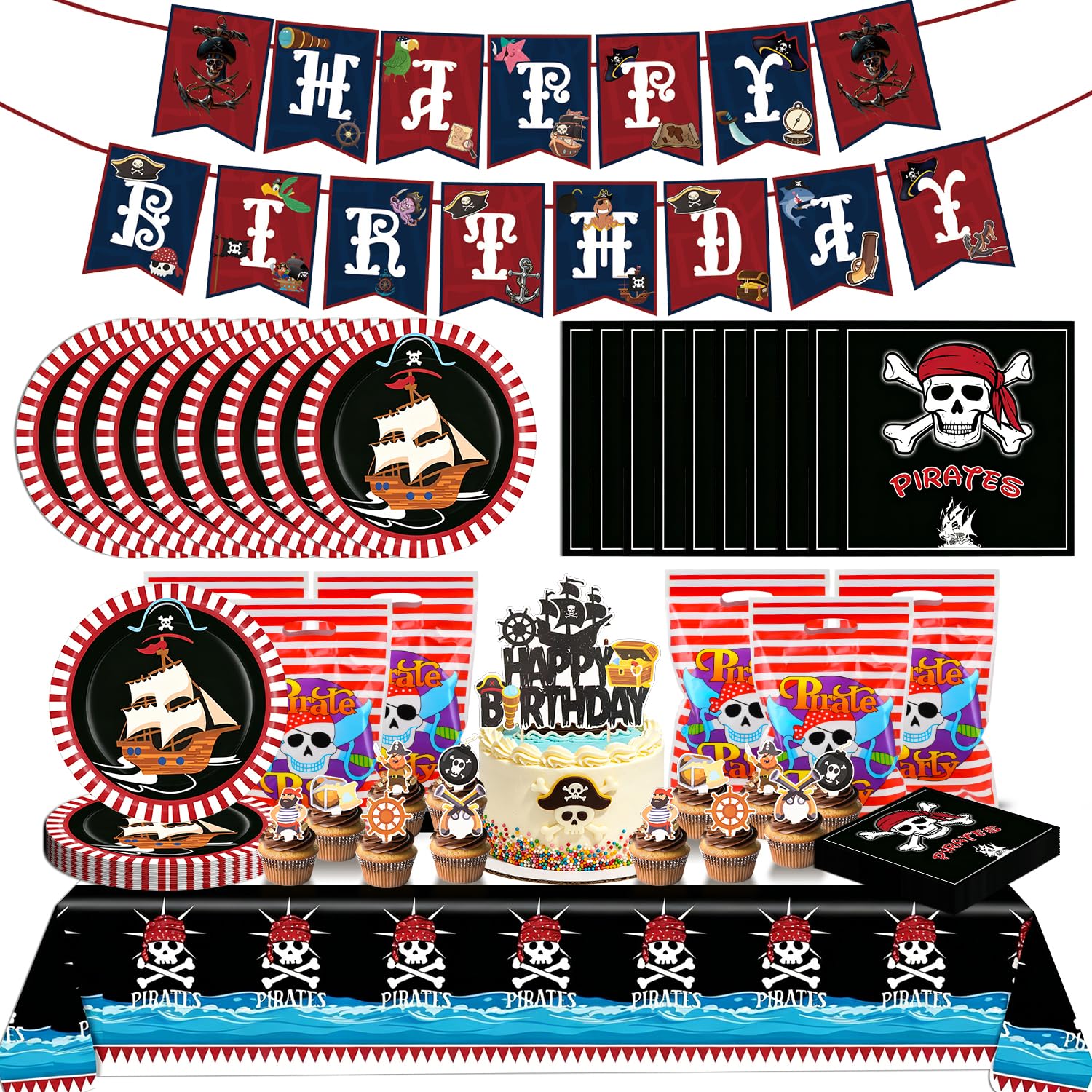 Ezydka Piraten Deko Kindergeburtstag Partygeschirr Set Piratengeburtstag | Geburtstagsdeko mit Banner Pappteller Servietten Tischdecke Cupcake Toppers für Piratengeburtstag Piratenparty, Tischdeko(B)
