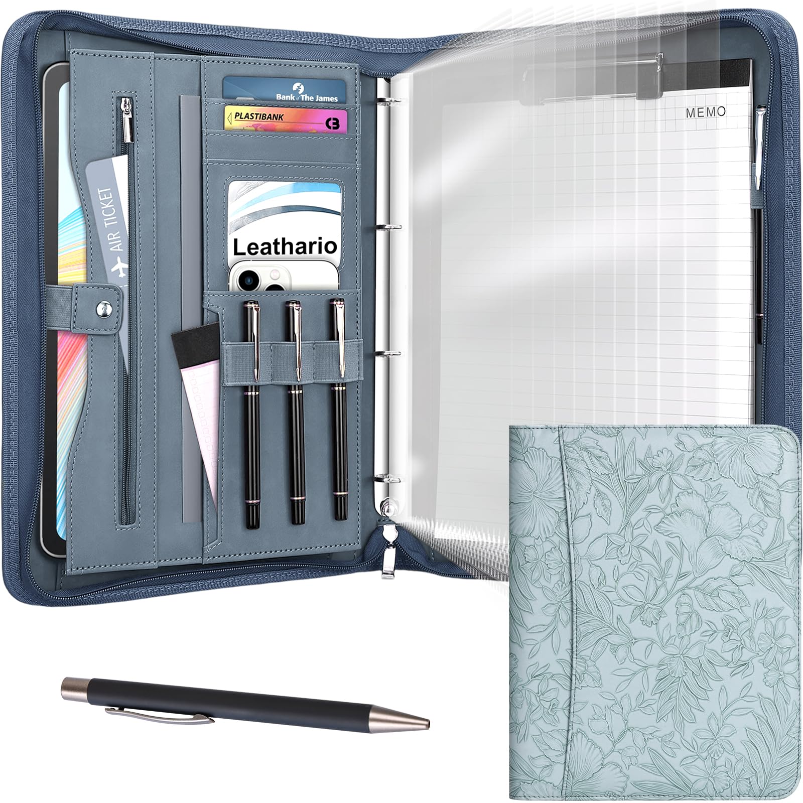 Leathario Portfolio Folder A4, Embossed Vegan Leather Conference Folder with Notepad, Includes 10 Clear Sheet Protectors and a Pen, A4 Leather File Folder, Travel Document Holder, Office Suppilies