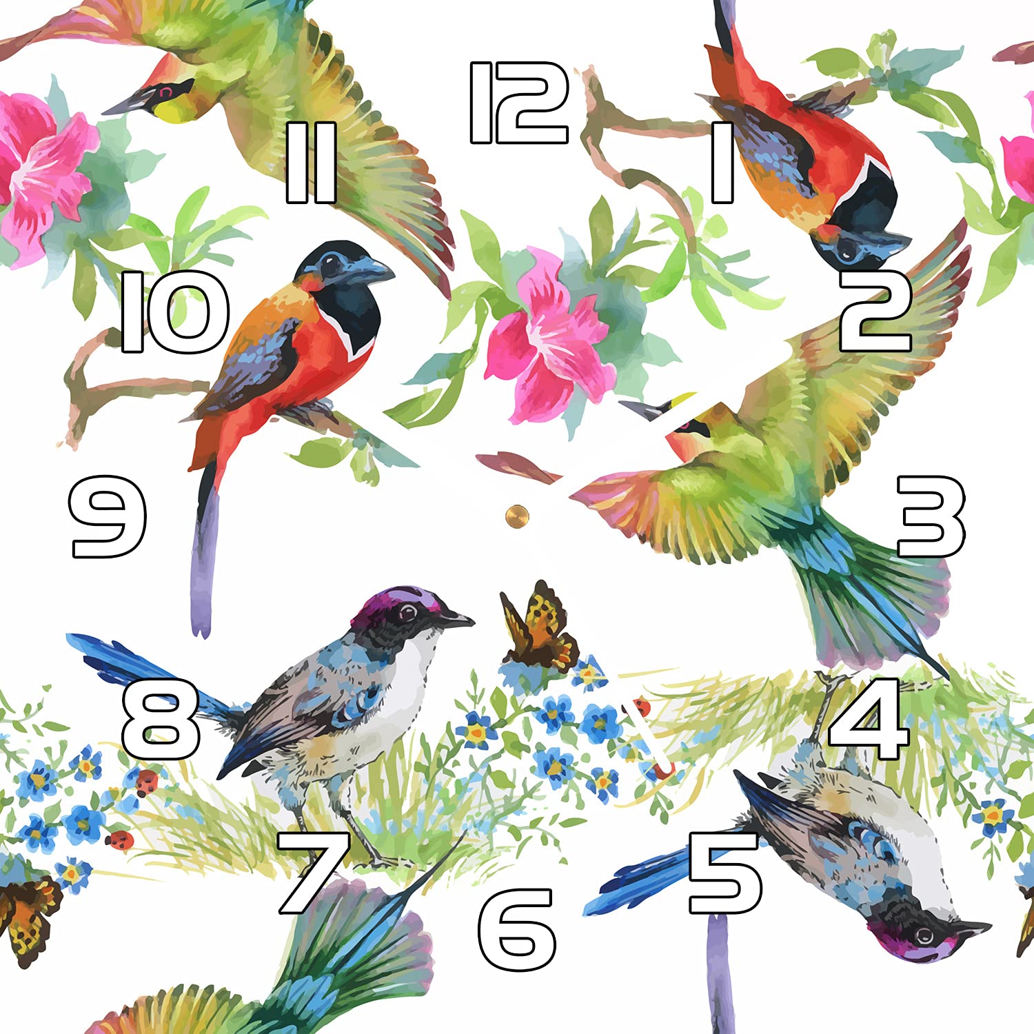 Horloge en verre 30x30 cm Coloray aux aiguilles blanches motif oiseaux