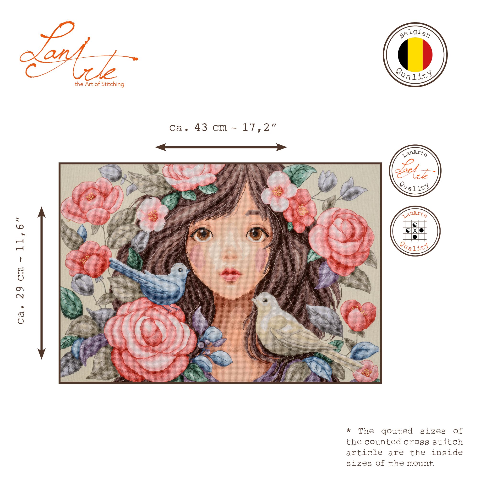Lanarte Kreuzstich Stickpackungen Gezählter Kreuzstichbilder Set SIE TAUCHTE IN ROSEN Wanddekoration Handarbeit Set für Erwachsene 43 x 29 cm DIY Deko Bastelset Handwerker Kreative Geschenkset