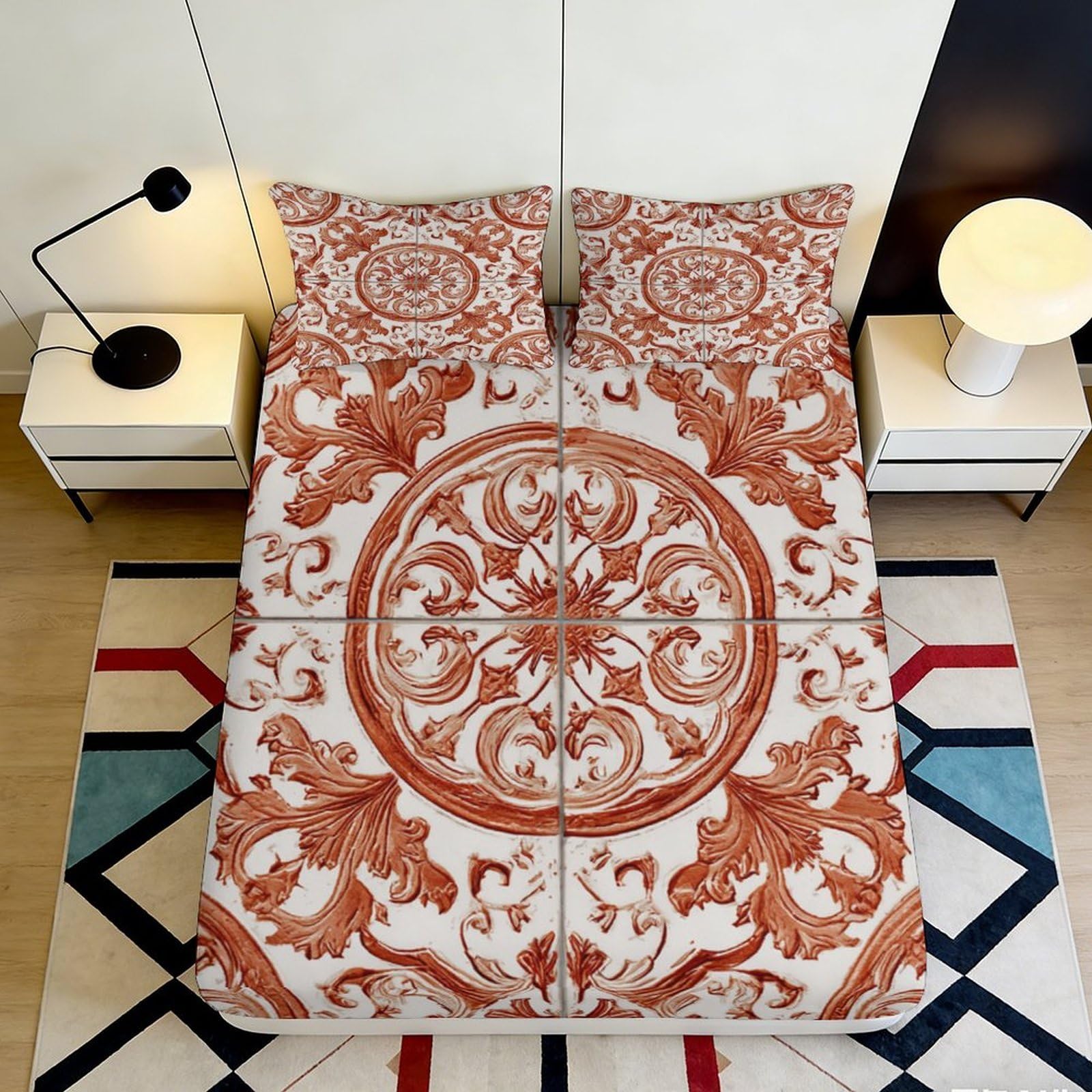 3D Printed Vintage Baroque Fitted Sheet Microfiber Soft Breathable Terracotta Floral Mattress Cover for Bedroom Decor 90x200x25cm