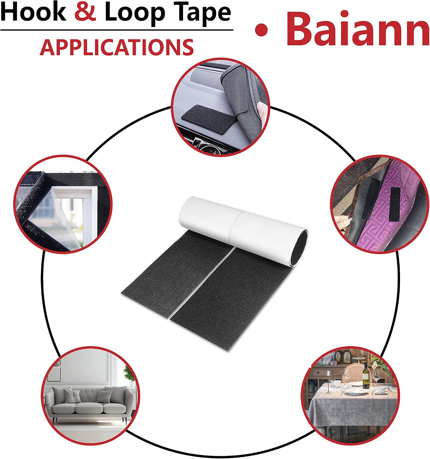 Baiann 6 inch x 3 ft Adhesive Hook and Loop Strips Tape Sticky Back Fastener Heavy Duty Patch Nylon Fastener Interlocking Straps for Home Car School Office Crafts (Black-1 Yard)