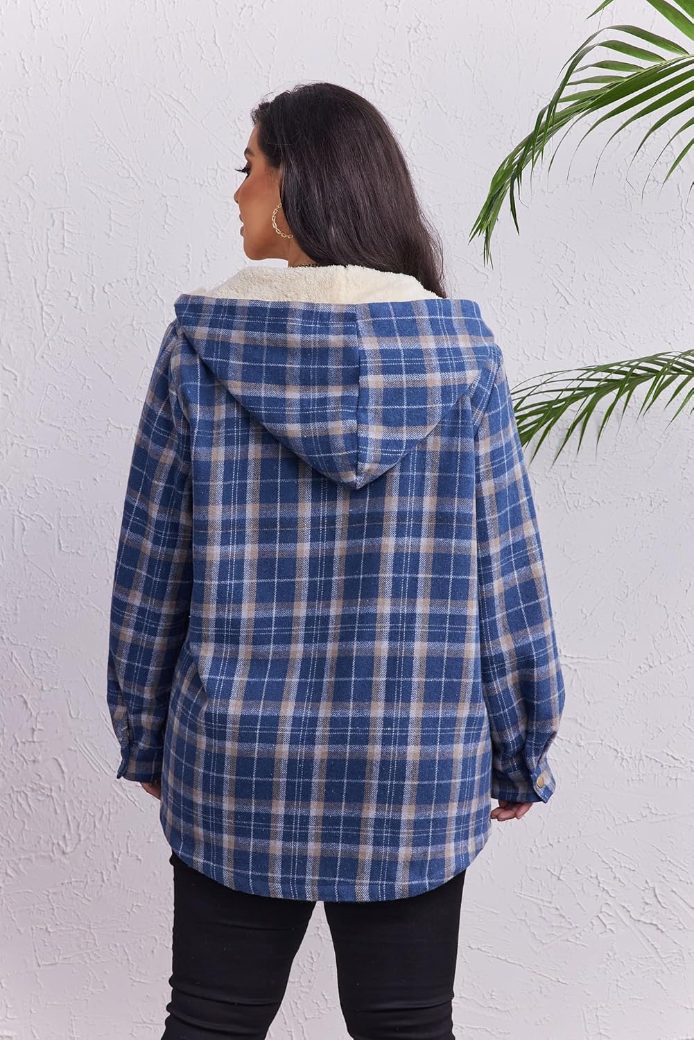 IN'VOLAND Plus Size Women Flannel Plaid Shacket Jacket Long Sleeve Button Down Fleece Hooded Jackets Fall Winter Coat - Image 4
