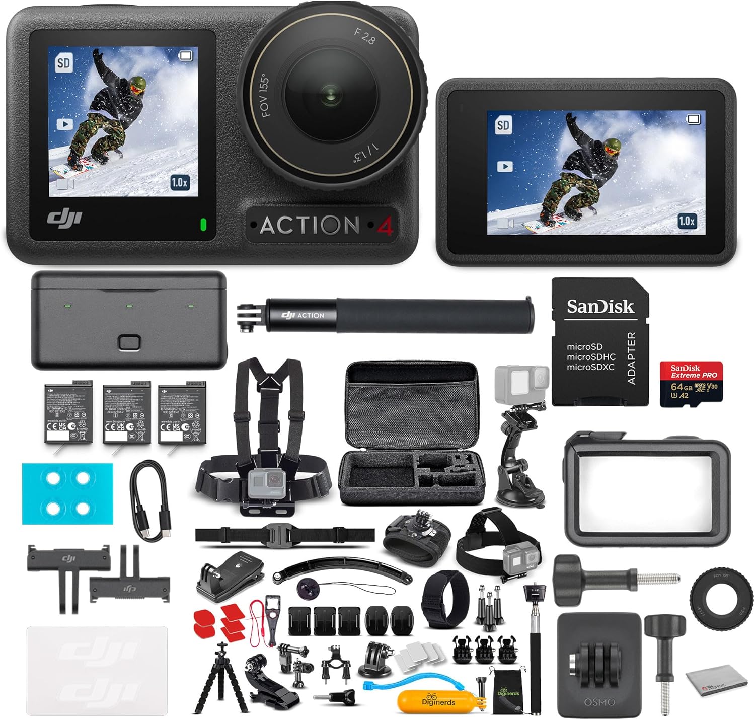 DJI Osmo Action 4 Camera Adventure Combo - Waterproof Action Camera with 4K UHD Video, 1/1.3" Sensor, Stabilization, Dual Screens, for Vlogging, Travel & Sports + 64GB Card & 50 Piece Accessory Kit