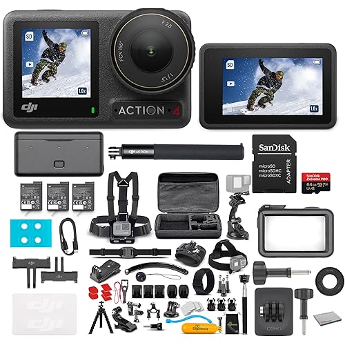 DJI Osmo Action 4 Camera Adventure Combo - Waterproof Action Camera with 4K UHD Video, 1/1.3" Sensor, Stabilization, Dual Screens, for Vlogging, Travel & Sports + 64GB Card & 50 Piece Accessory Kit