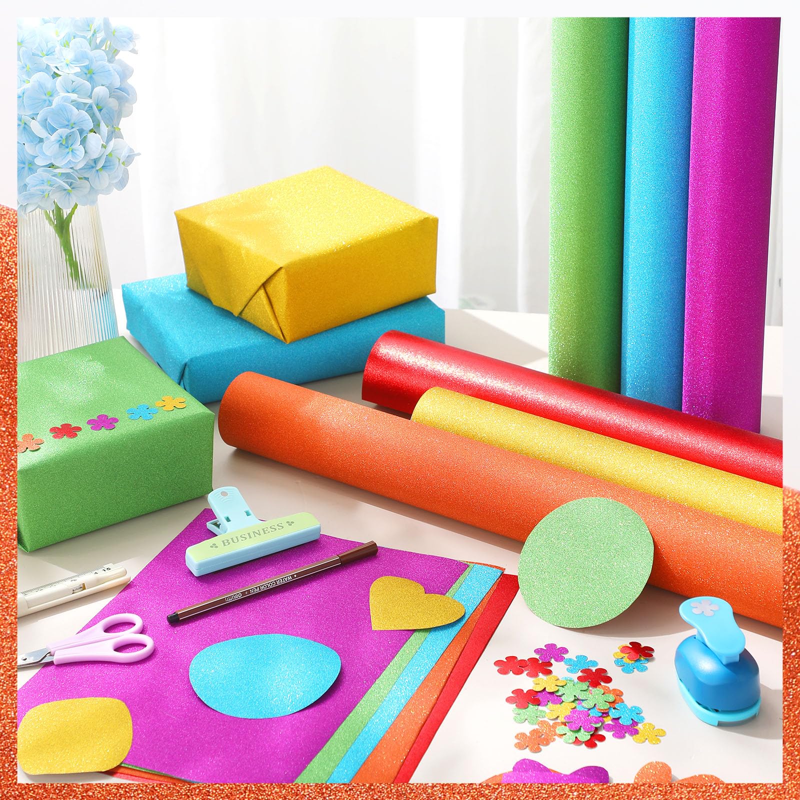 Janlaugh Pinnwand-Papierrollen, bunt, glitzernd, goldfarben, orange, lila, rot, blau, grün, lichtbeständig, große farbige Bastelpapiere für Klassenzimmer-Dekoration, 48,3 x 10,2 m, 6 Stück