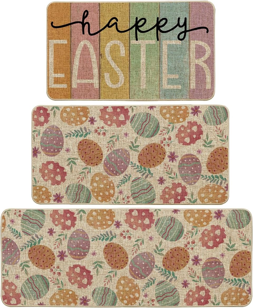 Artoid Mode Colorful Eggs Happy Easter Kitchen Mats Set of 3, Spring Home Decor Low-Profile Kitchen Rugs for Floor - 17"x29"+17"x36"+17"x47"