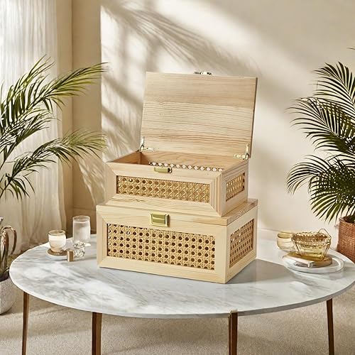 Miniatura 6 de Cajas de almacenamiento decorativas de ratán macizo, cestas tejidas de madera maciza con tapa, caja de joyería de memoria para recuerdo, estante