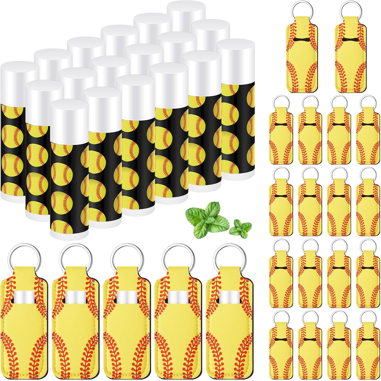 18 Sets Softball Party Favors Lip Balm and Lipstick Holder Keychain Bulk Sport Ball Team Gifts Natural Moisturizing Lip Balm Keychains Pouch for Team Sports Party Supplies(Yellow)