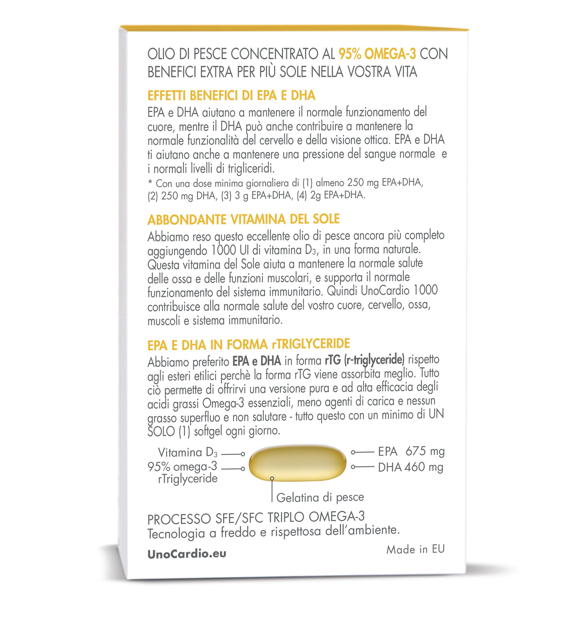 Unocardio 1000 Omega 3 Concentrato al 95% + Vitamina D 1000 IU, 60 Capsule da 1200 mg estratto a Freddo, 5 Stelle IFOS