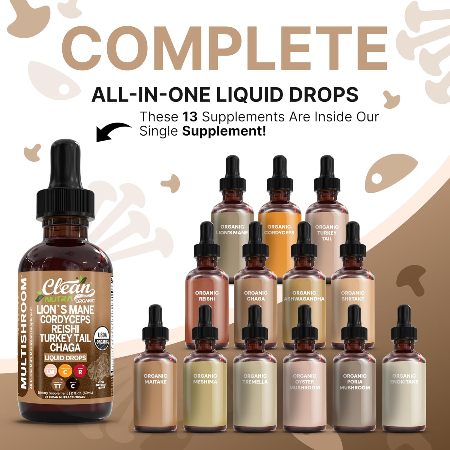 Organic Lions Mane Mushroom Supplement Liquid Drops + Turkey Tail Cordyceps Reishi Chaga Shitake Maitake Tremella Oyster Mushrooms Poria and Enokitake Complex Blend by Clean Nutra - Image 2
