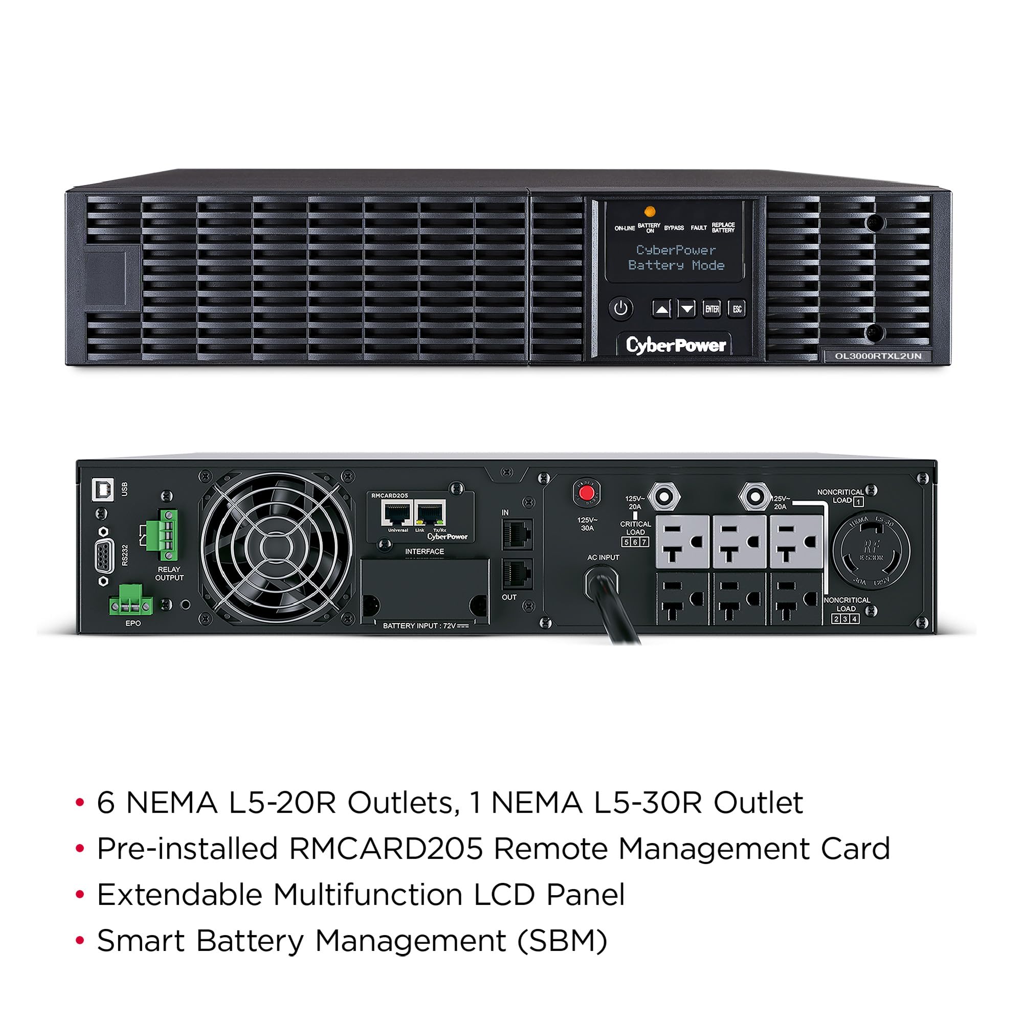 OL3000RTXL2UN Smart App Online UPS batería de reserva y protector contra sobretensiones, 3000VA/2700W, 7 tomas, 2U rack/torre, preinstalado RMCARD205, opción EBM, certificado UL 8