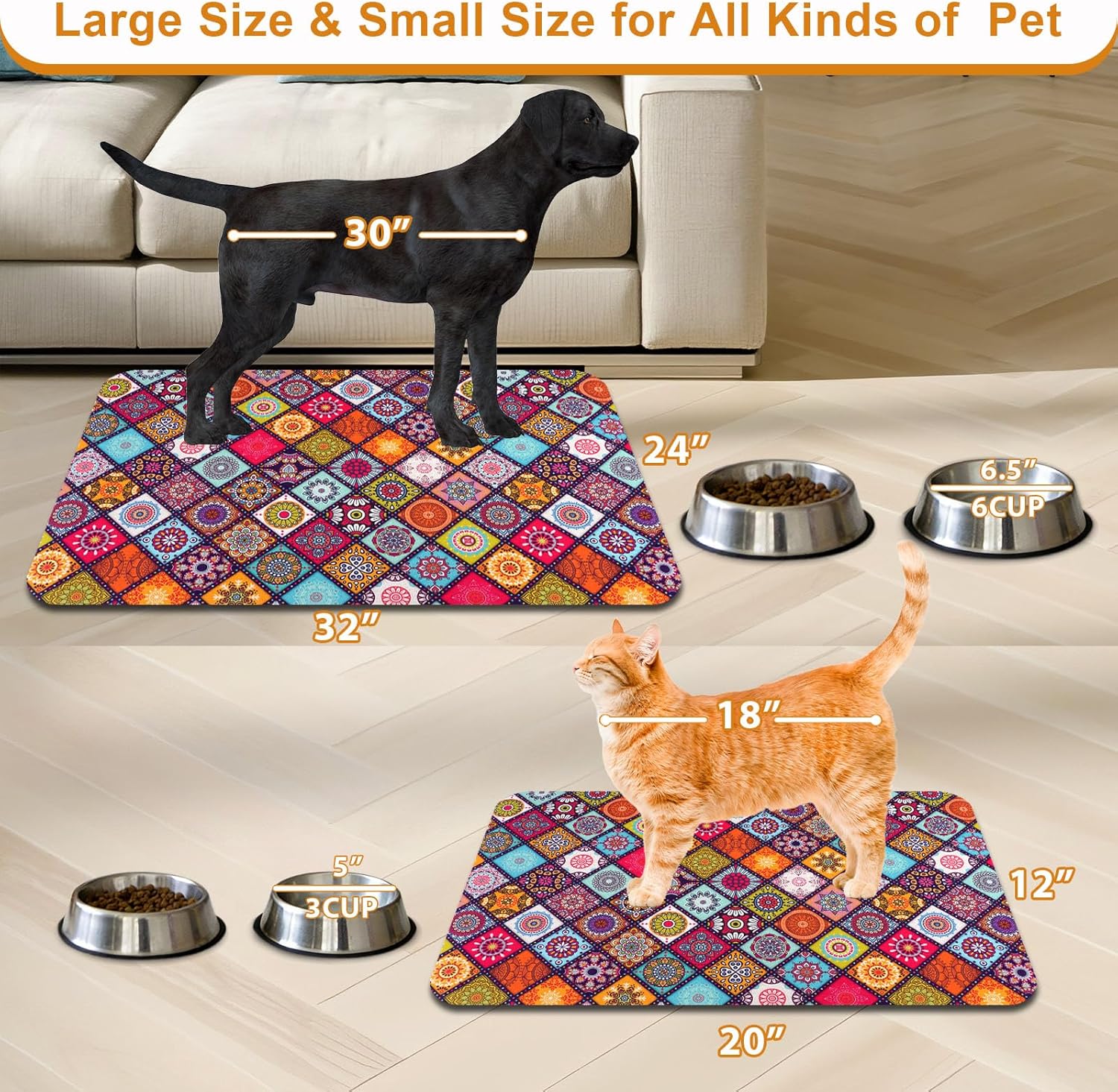 Dog Food Mats for Floors Boho Waterproof Mat for Cat Food and Water Bowls - Absorbent Quick Dry Non Slip Mat for Pet Feeding