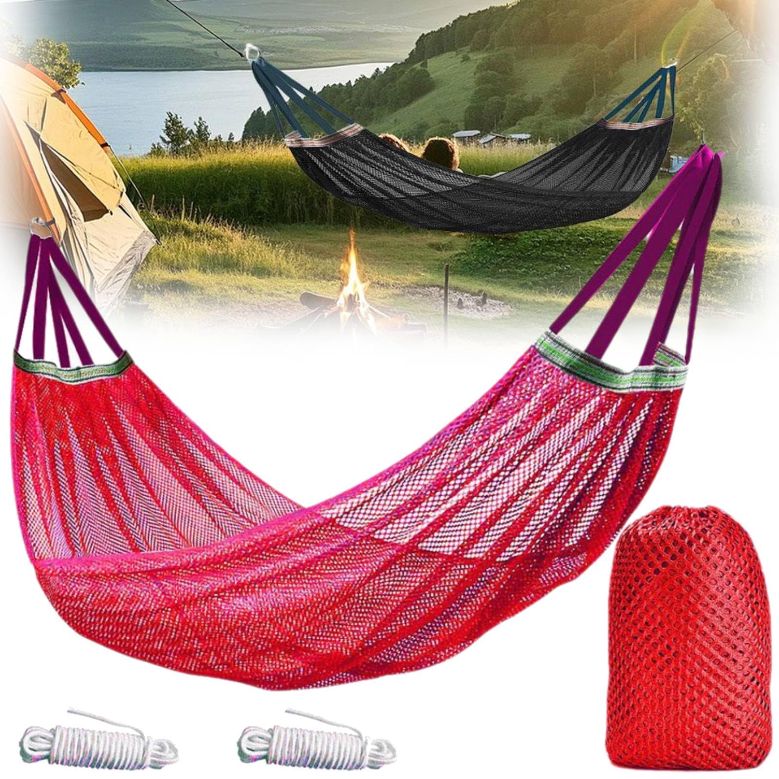 Outdoor Hammock, Super Soft and Breathable Nylon Mesh Hammock, Portable Camping Hammocks for Hanging Sturdy Garden Comfortable Fabric Hammock with Tree Straps Travel Bag - Maximum Load of 650 LB