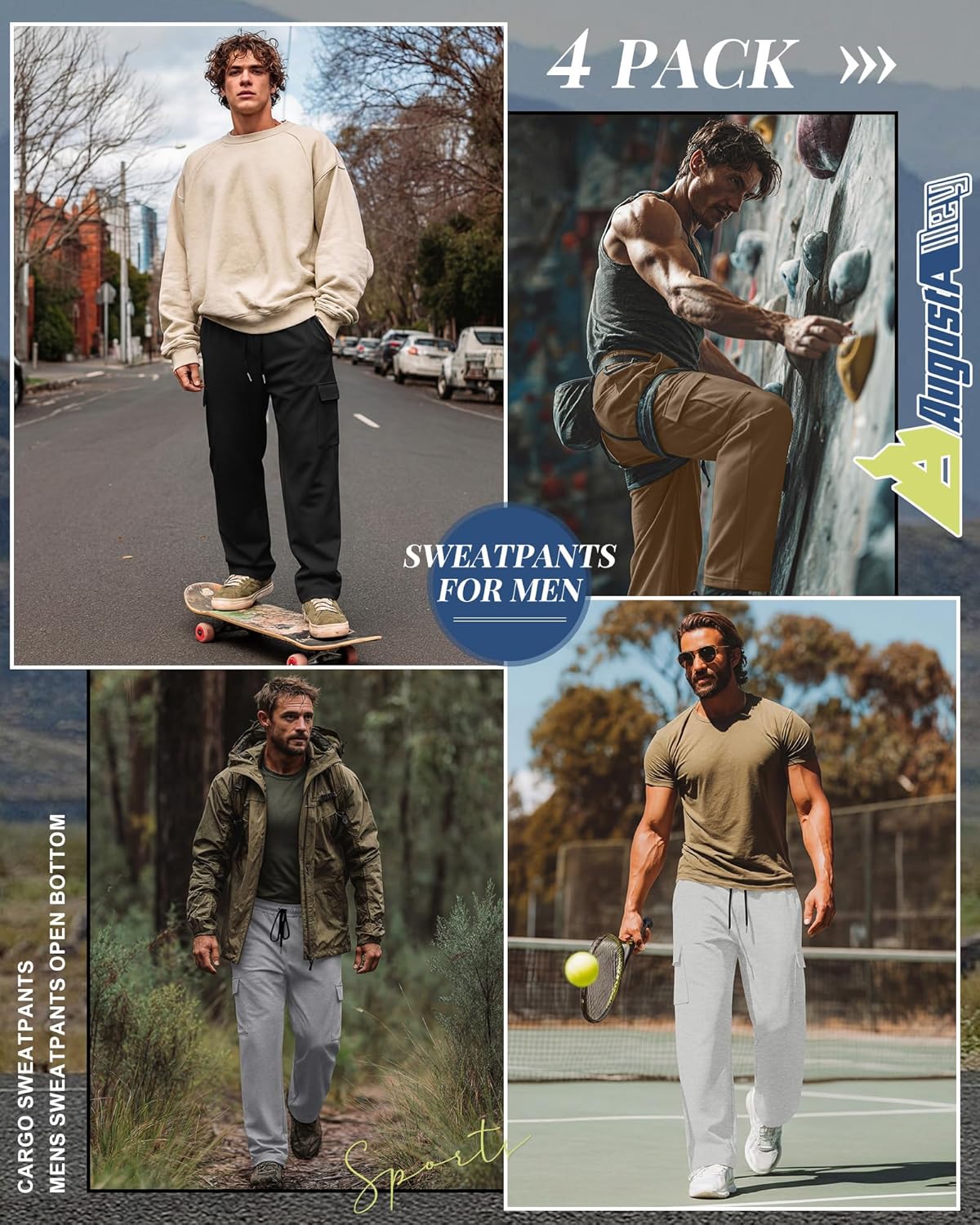 4 Pack Men's Cargo Sweatpants Straight Leg Open Bottom Baggy Joggers Pockets Drawstring Lightweight Lounge Pants - Image 2