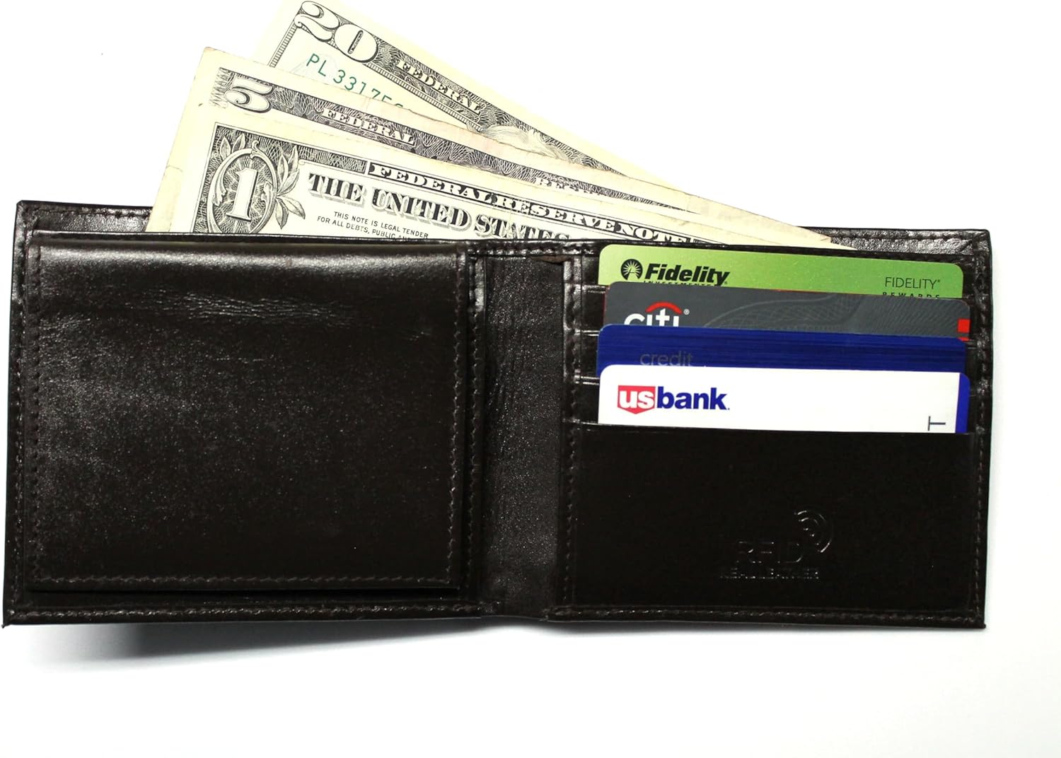 Bass Fishing Embossed Leather Bifold Wallet - Dark Brown RFID Safe - Image 4