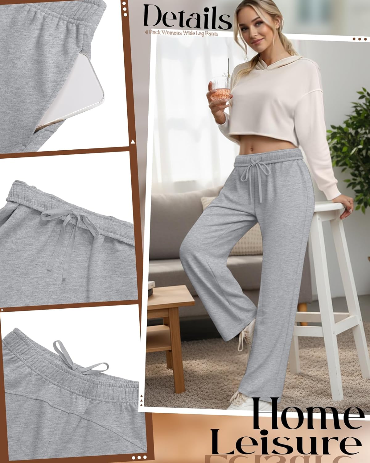 4 Pack Womens Wide Leg Sweatpants Baggy Casual High Waisted Lounge Pants Drawstring Workout Joggers with Pockets(Black, Dark Gray, Light Gray, Pink,X-Large) - Image 6