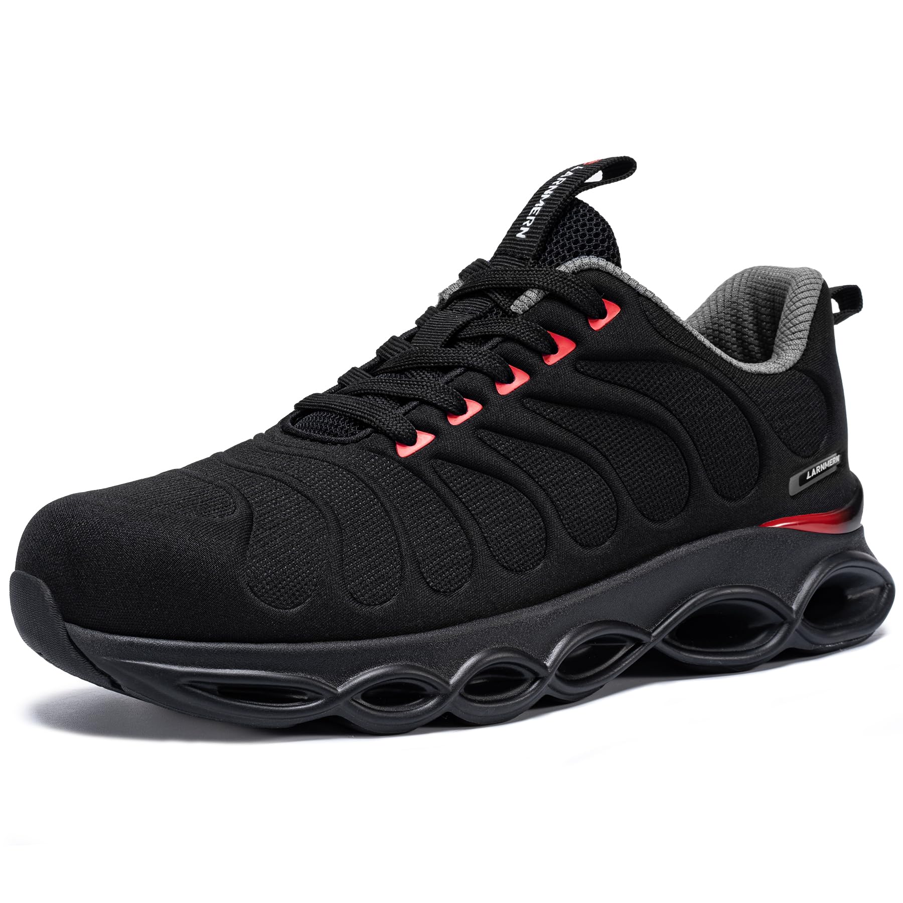 LARNMERN Buty sportowe ze stalowym noskiem, męskie buty ochronne, oddychające buty ochronne, wygodne buty robocze, lekkie, amortyzacja, moda, 3,5UK-44UK, Tryb czerwony czarny, 47 EU