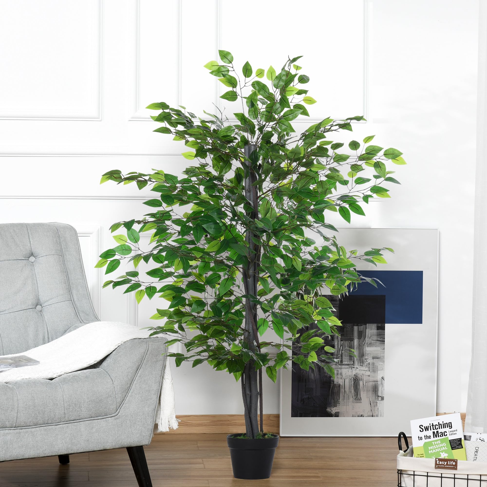 Outsunny Planta Artificial Ficus Artificial de 145 cm Ø20x145 cm Verde | 756 Hojas, Maceta, para Decoración Interior