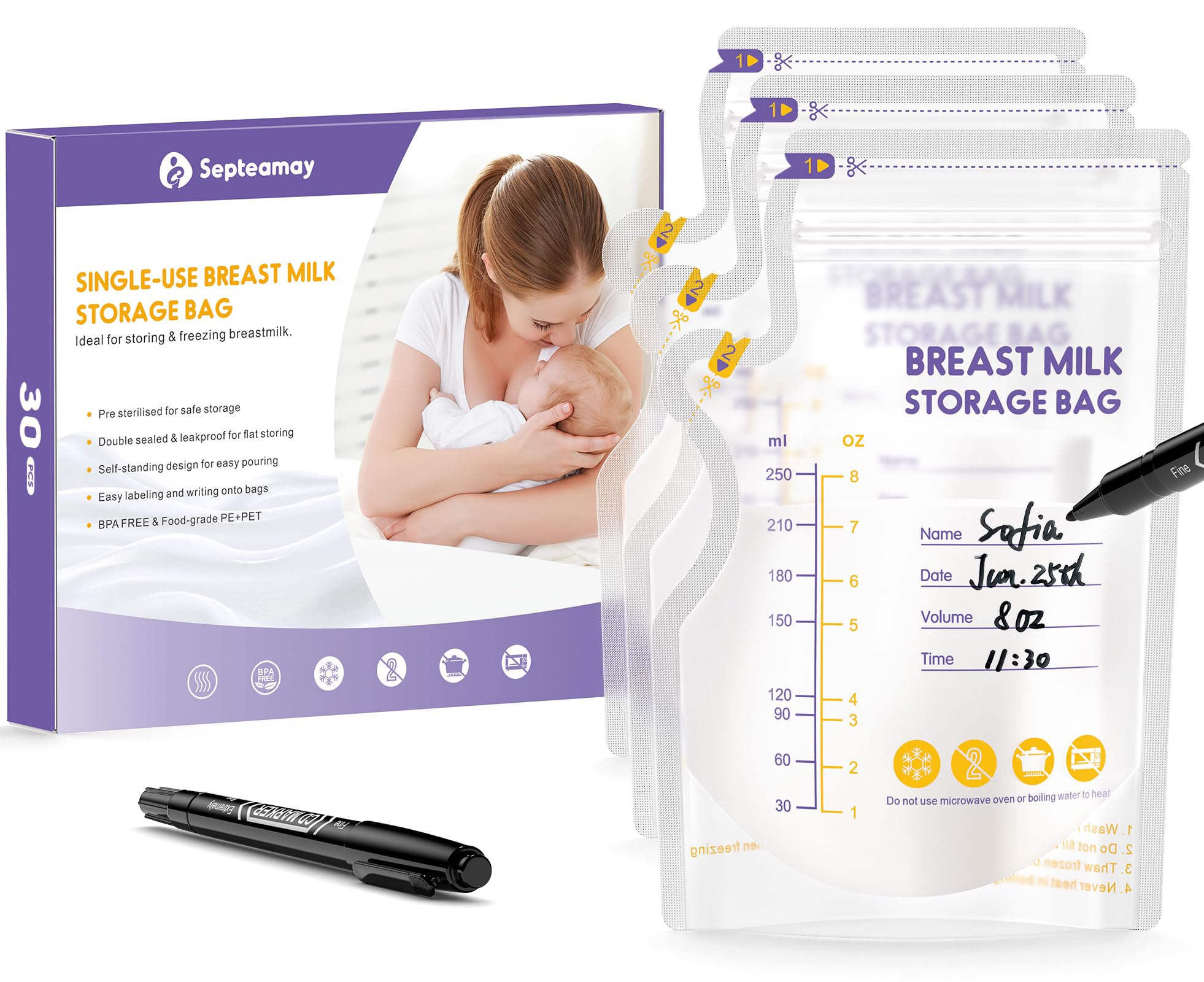 30 Stück Muttermilchbeutel mit einem schwarzen Marker, 250ml Vorsterilisiert Muttermilch Aufbewahrung, Doppelter Auslaufsicheres Design, BPA-frei, Easy Pour Milchbeutel für Muttermilch