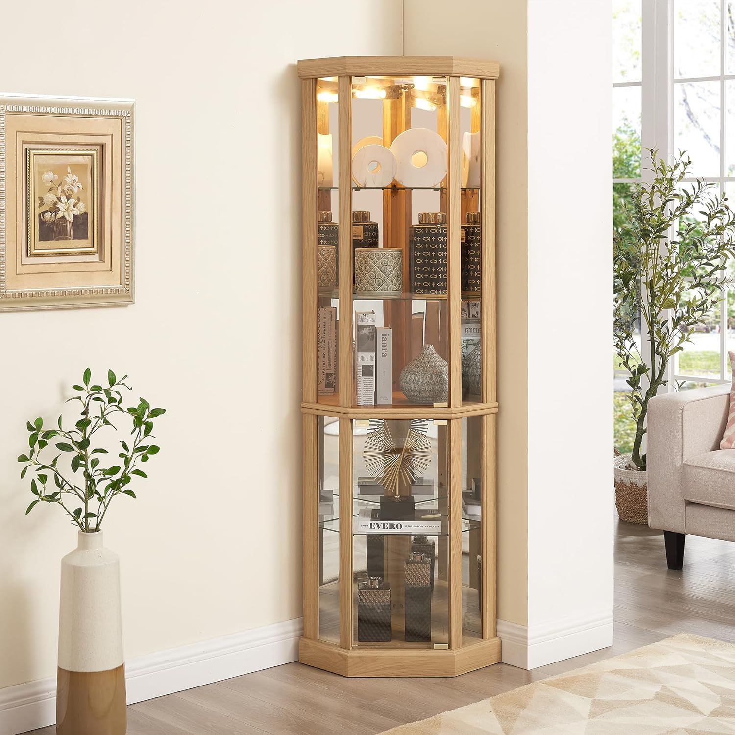 69" H Corner Curio Cabinet with Light, Corner Glass Display Showcase with Adjustable Shelves & Glass Doors, Wooden Accent Storage Curio Storage Rack for Living Room (Light Oak)