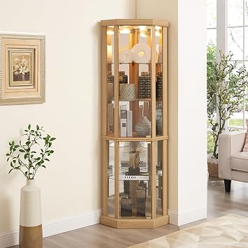 69" H Corner Curio Cabinet with Light, Corner Glass Display Showcase with Adjustable Shelves & Glass Doors, Wooden Accent Storage Curio Storage Rack for Living Room Light Oak