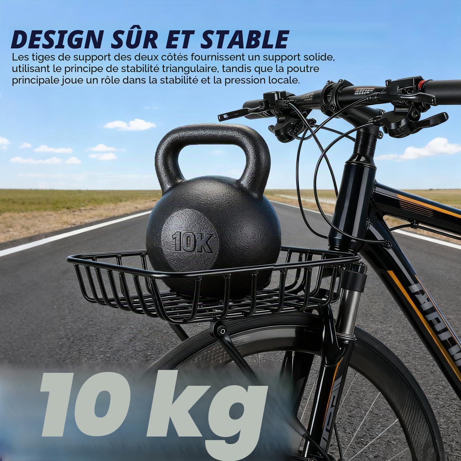Panier de vélo avant en alliage d'aluminium, grand panier de vélo avant avec entretoises de maintien et sangles stables, porte-bagages de vélo, charge maximale de 10 kg, pour VTT, vélo de route, vélo