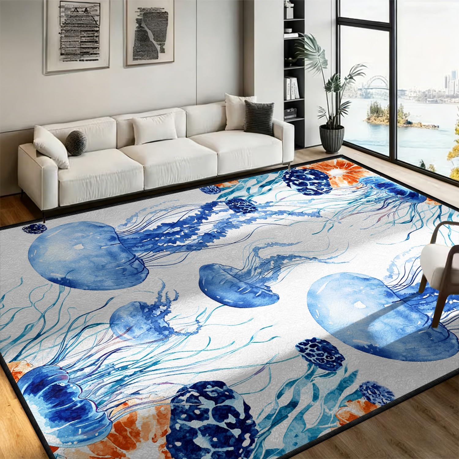 RICAUOU Marine Life Jellyfish Area Rug, 160x230cm Watercolour Coastal Ocean Theme Large Carpet, Artistic Blue Sea Animal Flannel Non-Slip Floor Rugs for Lounge Living Room Bedroom Entrance Decor