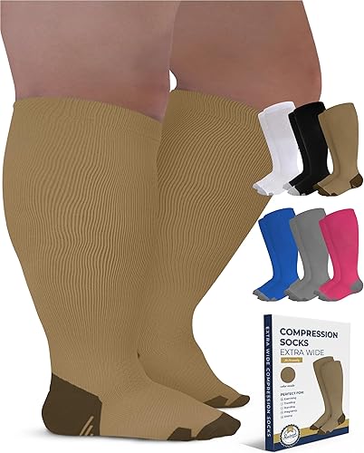 Pembrook Calcetines de compresión de talla grande, pantorrilla ancha, hasta 6XL, 20-30 mmHg, color tostado, calcetines de compresión para mujer,