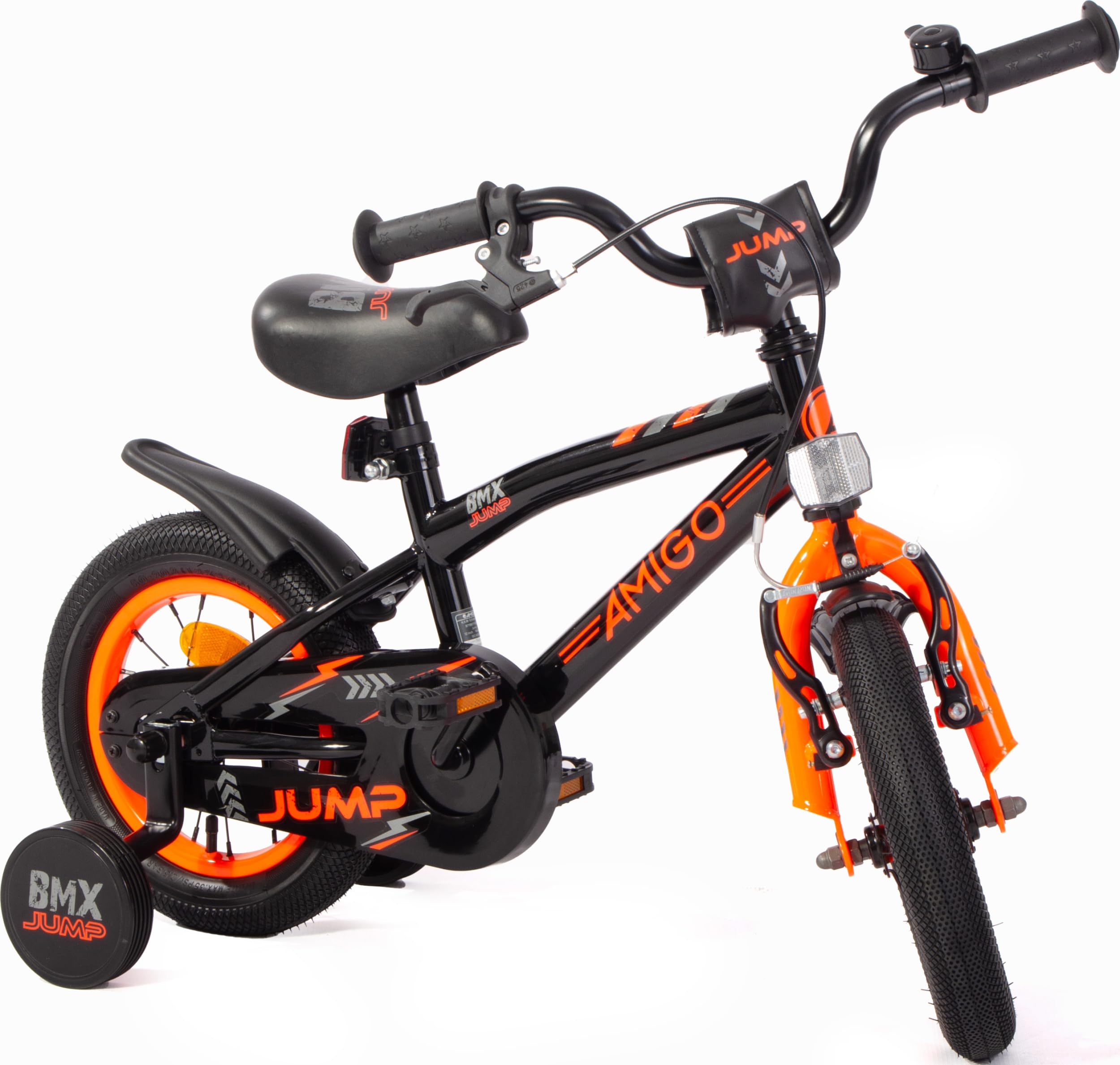 AMIGO BMX Jump – Bicicleta infantil para niños – 12 pulgadas – con freno de contrapedal y freno en V y ruedas estabilizadoras – a partir de 3 – 4 años – Negro/Naranja