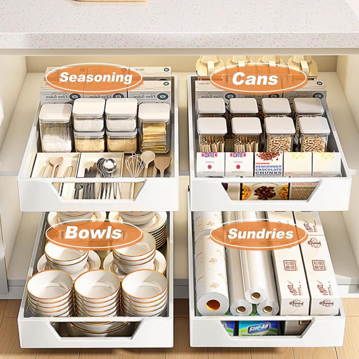 bealy Pull Out Drawer for Cabinet 12" W x21 D x 3.1" H Carbon Steel Cabinet Drawers Slide Out, Pantry Storage Shelves with Nano Adhesive for Kitchen, Bathroom and Living Room(white)