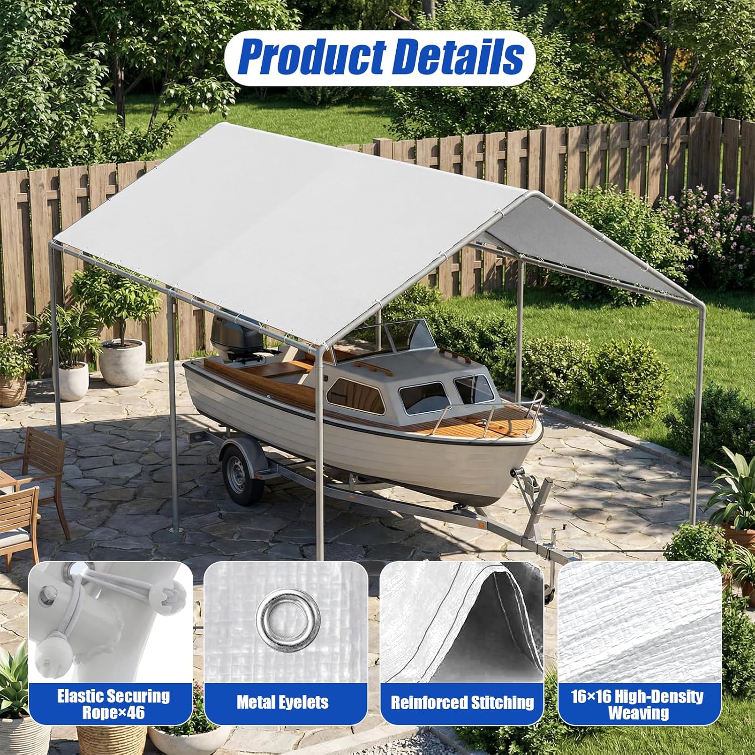 10x20Ft Carport Replacement Canopy Cover, Heavy Duty Waterproof Garage Top Shelter Cover Car Canopy with Ball Bungees(Frame Not Include)