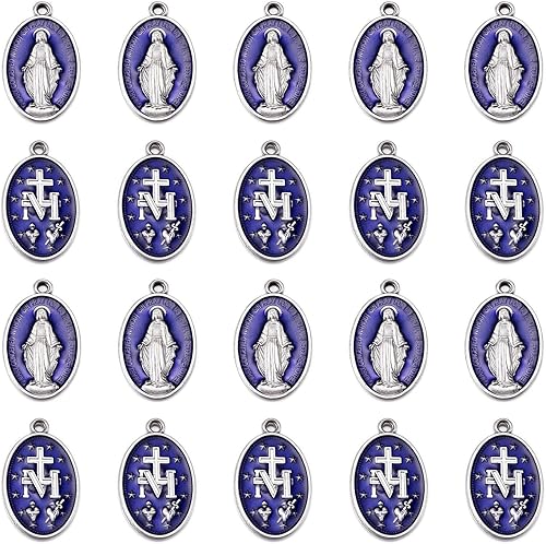 10 dijes grandes de Medalla Milagrosa de la Virgen María de aleación, ovalada, azul, esmalte para hombres y mujeres, para hacer joyas