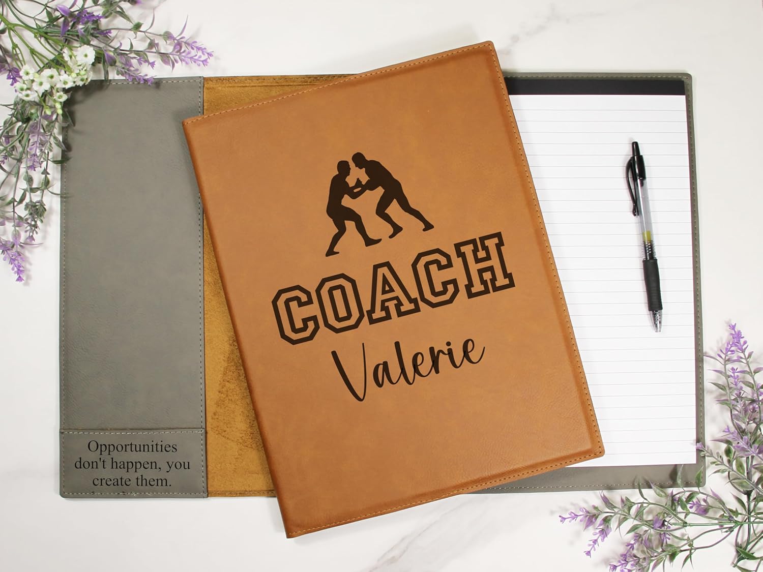 Personalized Wrestling Coach Portfolio – Custom Engraved Vegan Leather Padfolio with Legal Pad – End of Season, Banquet, or Christmas Gift for Wrestling Coach – Bluegrass Laserworks