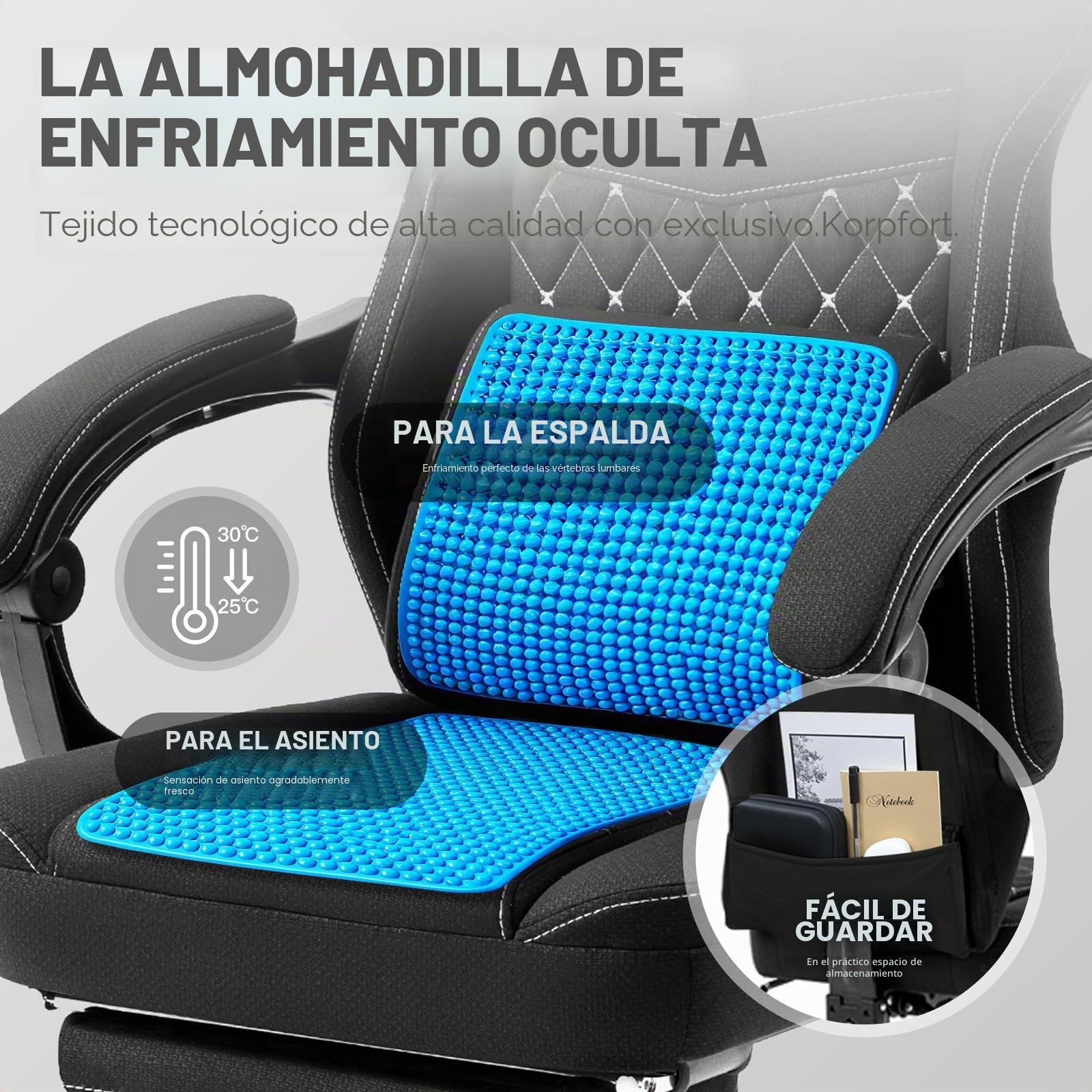 Dowinx Silla Gaming de Tela con Reposapiés Abatible y Extraíble, Silla Ergonómica para Oficina con Cojín de Gel y Muelles Ensacados, Silla Gamer Reclinable con Soporte Lumbar, para Adultos, Negro