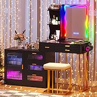 Vista 9 de RGB Escritorio de Maquillaje con Estación de Carga Inalámbrica, Mesa de Tocador con 7 Luces Dinámicas y 7 Estáticas Atenuables con Parte Superior