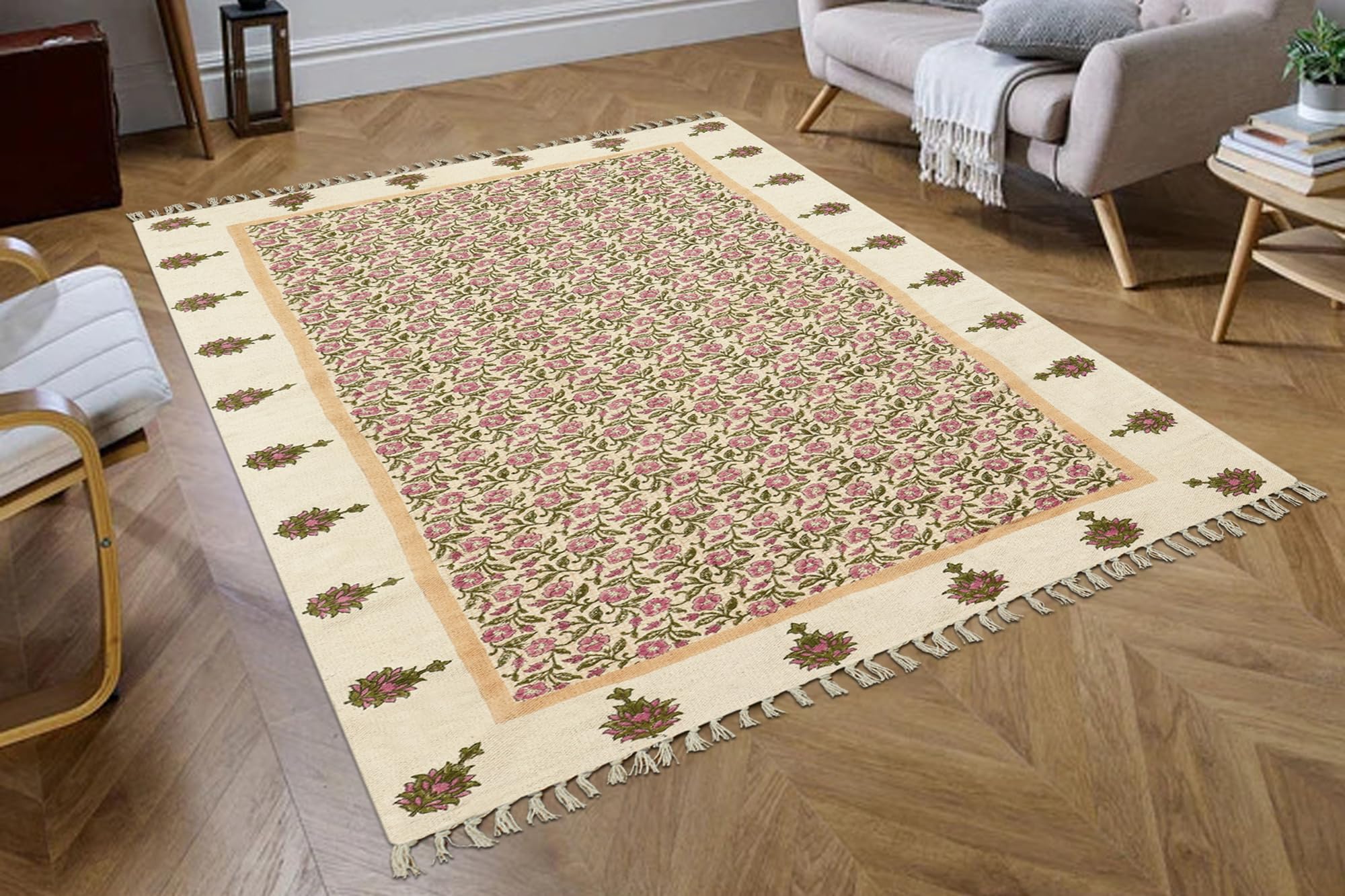 Kwadratowy dywan 100 cm, kwiatowy zielony i różowy, łatwy do prania, dywan bawełniany, gruby, 0,5 cm, płaski splot do wewnątrz, na zewnątrz, do kuchni, na łóżko, do wejścia