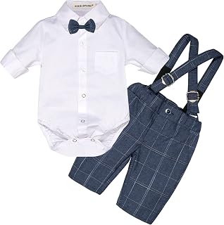 BIG ELEPHANT Gentleman Formal Outfit Suit - Bowtie Dress Shirt Suspender Pants Clothing Set for Baby Boys