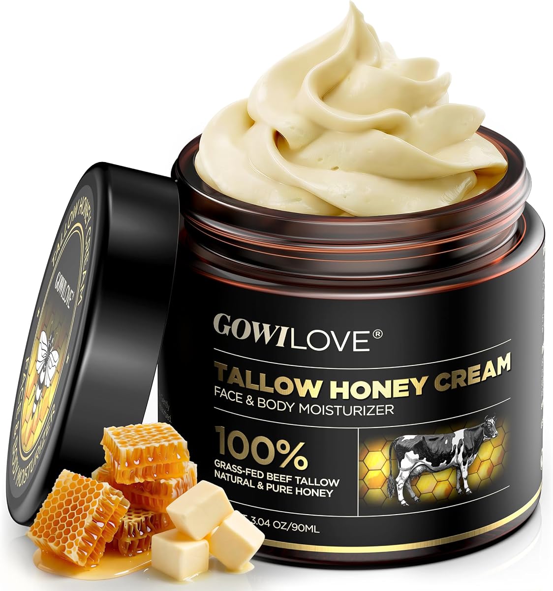 12Hr Moisture Lock Beef Tallow for Skin Care, Instant Redness Eraser Tallow and Honey Balm with 6 Botanical Rescue, Dewy Not Oily Face Cream Moisturizer Gift for Women Eczema Rosacea 3.04 Oz