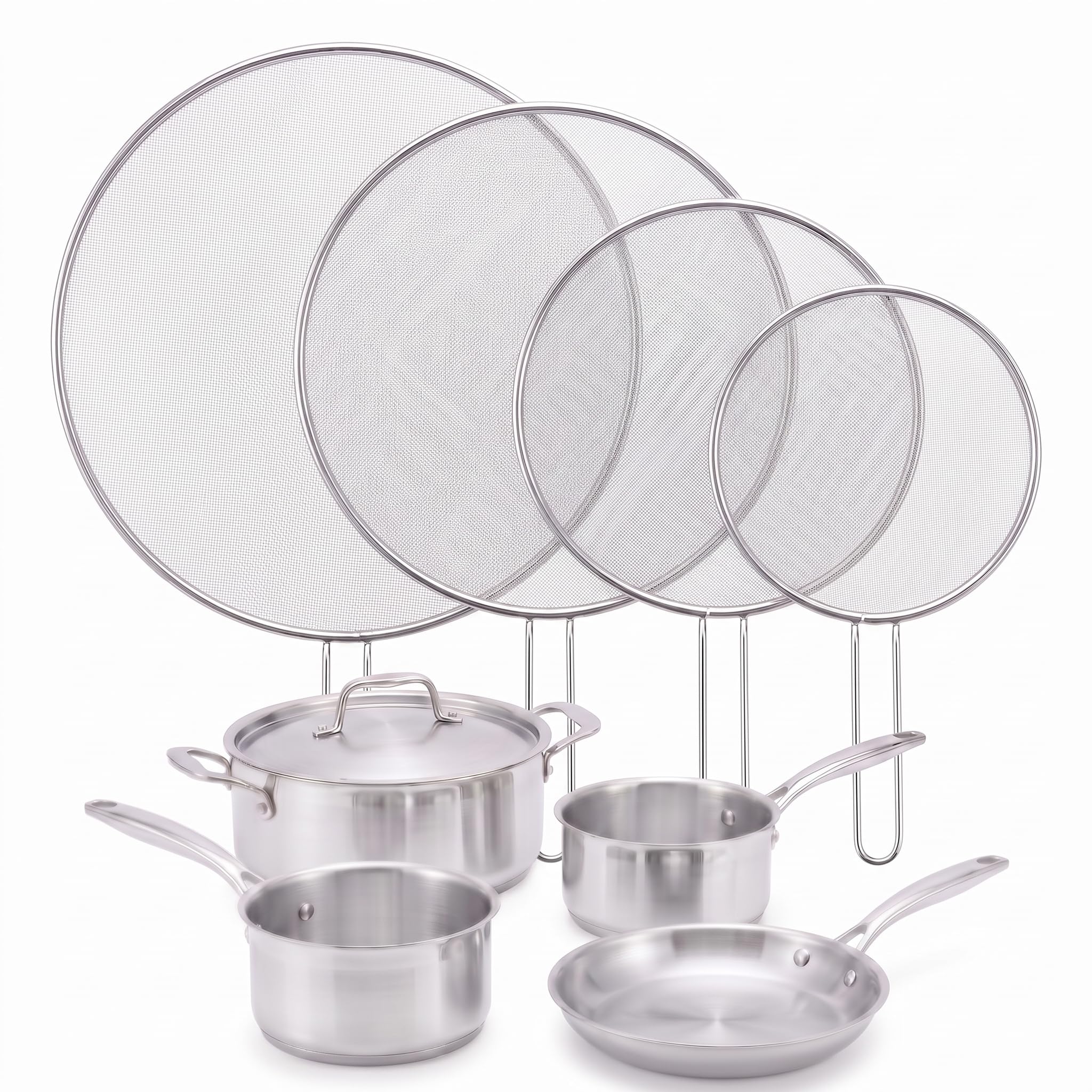 Apidgrowth 4-Piece Stainless Steel Grease Splatter Guard for Frying Pan Set (13",11.5", 10",8”),Splatter Screen for Cooking,Perforated Stainless Steel,Comfortable Grip,Shield from Splashing Oil