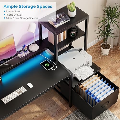 Miniatura 5 de GreenForest Escritorio de oficina con tomas de corriente y estante para impresora, escritorio de computadora de 59 pulgadas con LED y cajón,